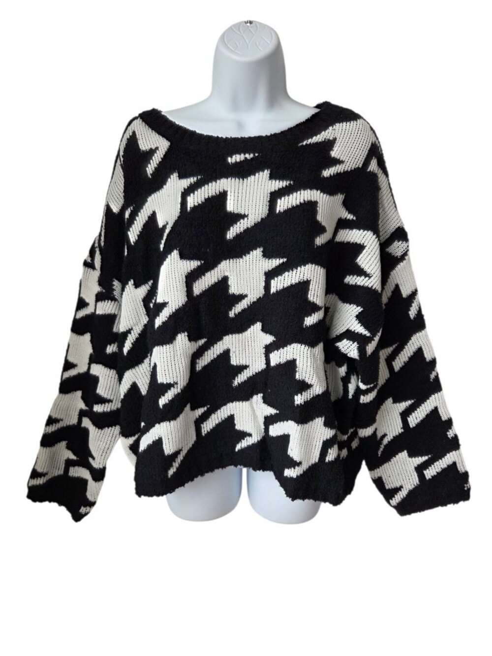 Bobeau Black & White Houndstooth Knit Sweater Womens XL